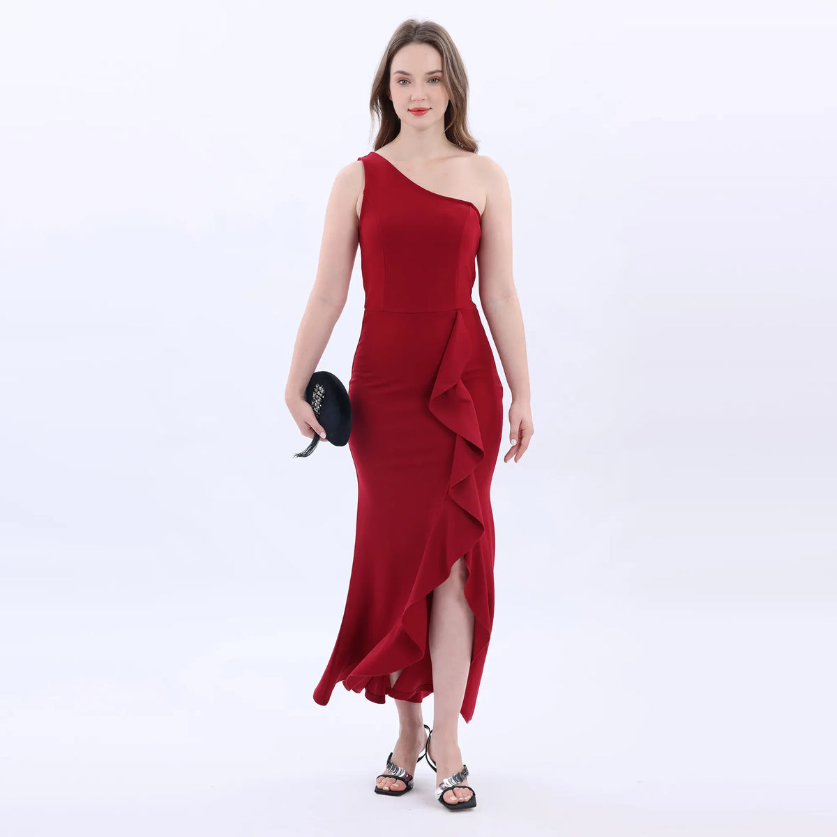 Red One-Side Sleeve Evening Dress For Women