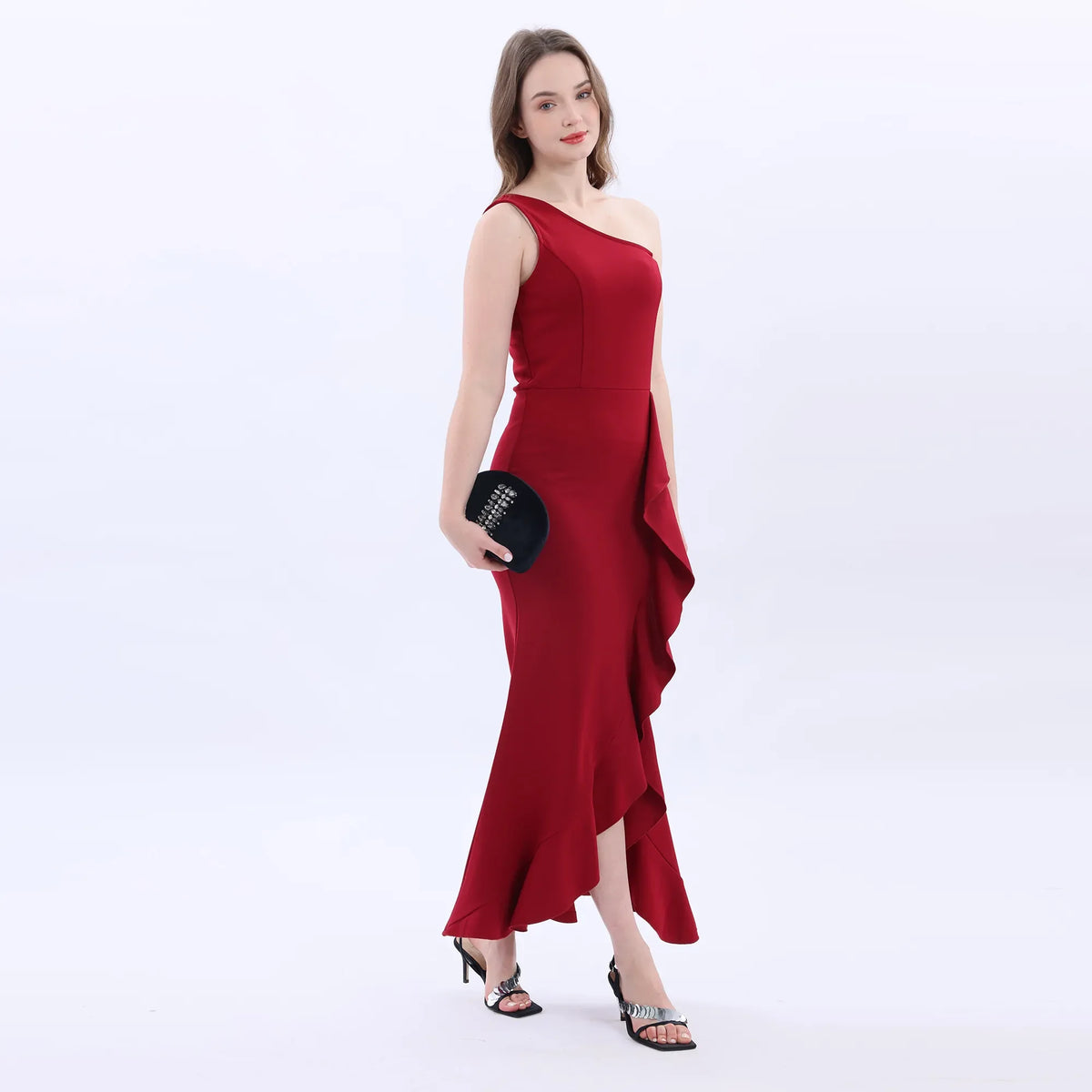 Red One-Side Sleeve Evening Dress For Women