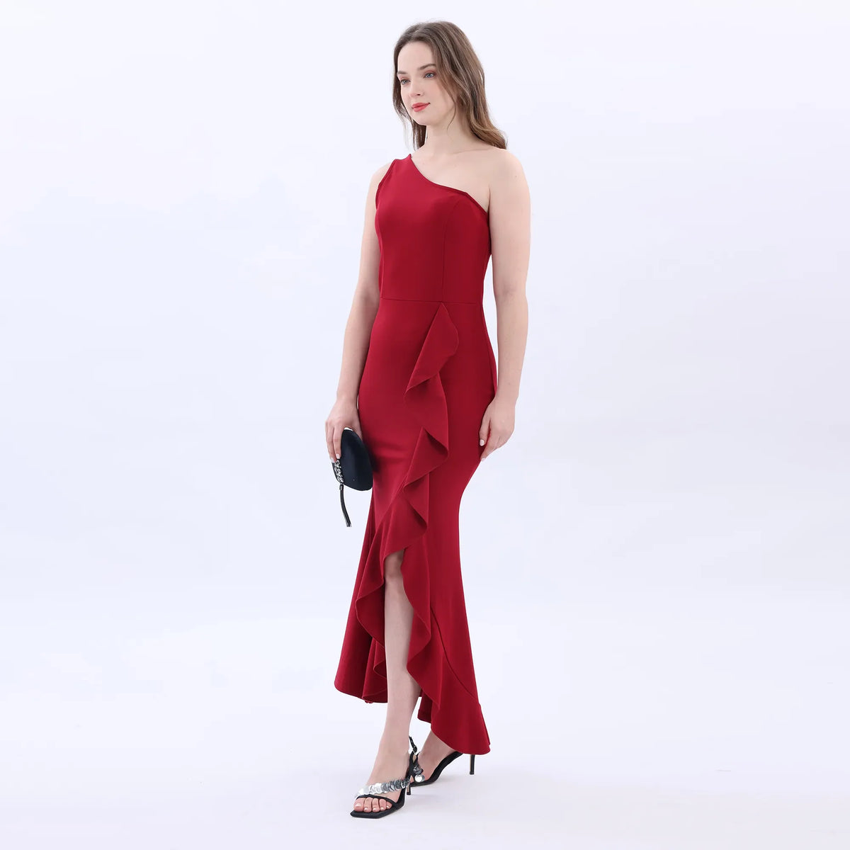 Red One-Side Sleeve Evening Dress For Women